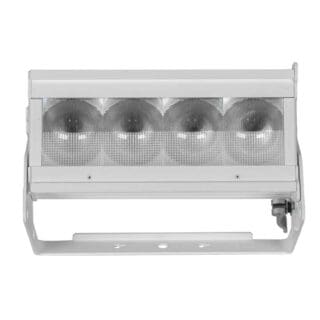 A rectangular industrial LED floodlight with four round lens sections, housed in a metallic casing with a mounting bracket at the bottom, viewed from the front.