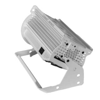 A white, metal LED stage light fixture with a vented casing and adjustable mounting bracket, shown from a side angle on a plain background.