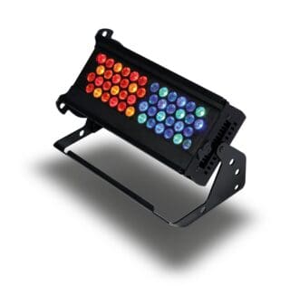 A black LED stage light with a rectangular array of multicolored lights, including red, yellow, green, and blue, mounted on an adjustable metal bracket against a white background.