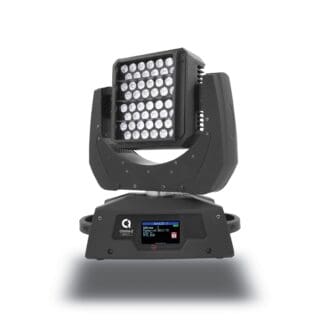 A professional stage lighting fixture with a square array of LED lights on a movable black base featuring a digital display and control buttons.