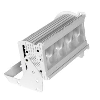 A white industrial LED floodlight with a finned heat sink, four visible lenses, and an adjustable mounting bracket.