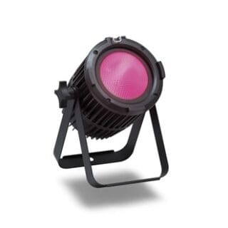 A black stage spotlight with a pink light, mounted on an adjustable stand, angled upward against a white background.
