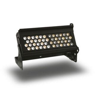 A rectangular, black LED floodlight with multiple round bulbs arranged in rows, mounted on an adjustable bracket, isolated on a white background.