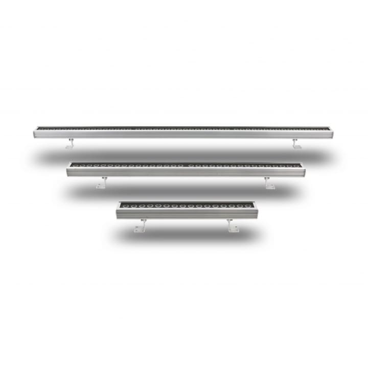 Four horizontal LED light bars of varying lengths, each with a metallic body and mounting brackets, are displayed on a white background.
