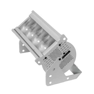 A silver industrial LED floodlight with a rectangular body, ventilation holes, and adjustable side brackets for mounting.