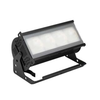 A black rectangular LED floodlight with a frosted lens, designed for professional lighting setups, mounted on an adjustable metal bracket.