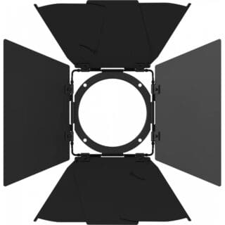 Black four-leaf barn doors for stage or studio lighting, shown open, with a circular center frame for attaching to a light fixture.