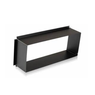 A rectangular black metal vent transition duct with flanges on both ends, designed for connecting HVAC, range hood systems, or integrating audio, video, and lighting installations seamlessly.