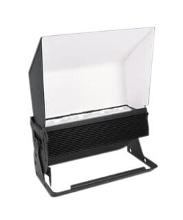 A black LED floodlight with a rectangular reflector and mounting bracket, designed for outdoor or industrial lighting and perfect for enhancing video or audio production setups.