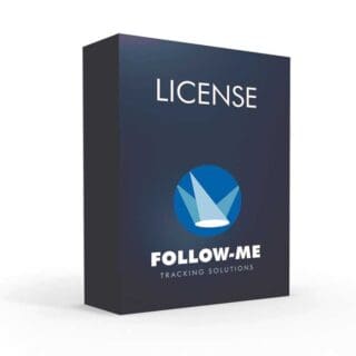 A dark blue software box with the text LICENSE at the top and FOLLOW-ME TRACKING SOLUTIONS with a blue logo below it, designed for seamless integration with audio, lighting, and video systems.
