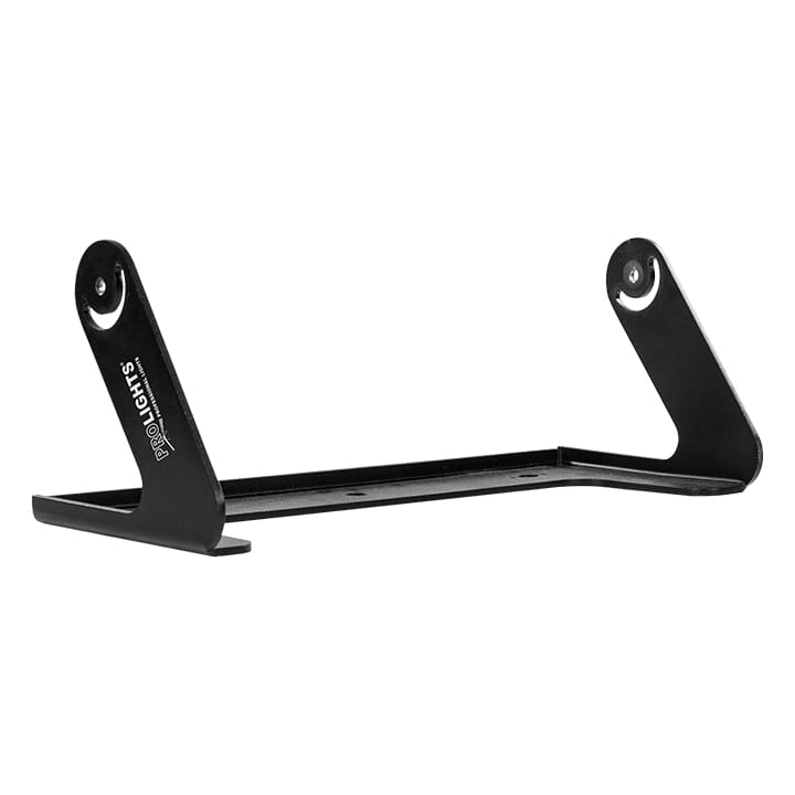 Black metal mounting bracket with two upright arms, each with a circular hole at the top, for secure lighting or audio setups. “PROLIGHTS” is printed on one arm. The bracket’s simple, angular design is shown against a white background.