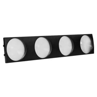 A rectangular black wall-mounted lighting fixture with four evenly spaced round white lights arranged in a row.