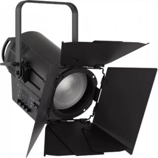 A professional black stage spotlight with adjustable barn doors and a handle, designed for theater or studio lighting, positioned against a plain white background.