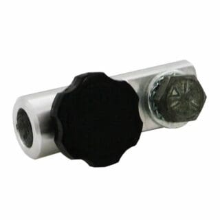 A close-up photo of a metal connector with a black plastic knob and a hexagonal bolt on one side, commonly used for joining or securing audio or lighting parts together.