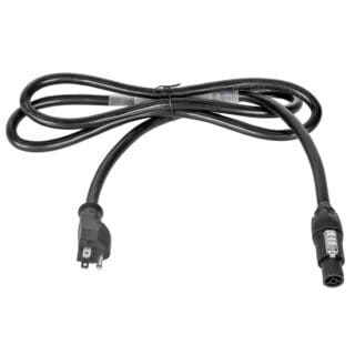 A black power cord ideal for video, lighting, or audio setups, featuring a standard two-prong plug on one end and a locking connector on the other, coiled loosely with a twist tie in the middle.