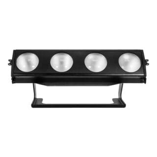 Black rectangular stage light fixture with four large circular LED lights in a row, mounted on an adjustable stand, designed for professional lighting at events or performances.