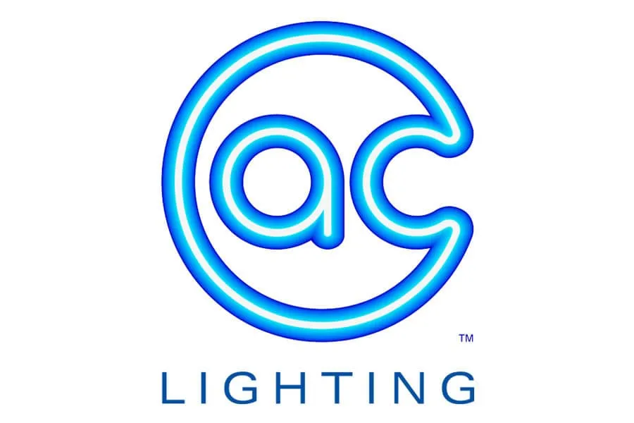 Blue neon-style logo showing the lowercase letters a and c inside a circle, with the word LIGHTING in capital letters below—designed to represent expertise in audio and lighting.