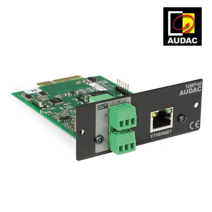 A green circuit board labeled NMP40 AUDAC with Ethernet, audio output ports, and two green terminal blocks, ideal for audio or lighting integration. The AUDAC logo is featured in the top right corner.