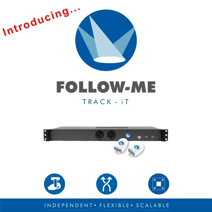 Promotional graphic for FOLLOW-ME TRACK-iT, featuring a spotlight icon, a rack-mounted device, two small trackers, and icons for independence, flexibility, scalability—perfect for video, lighting, or audio setups. Introducing... is in red text at the top left.
