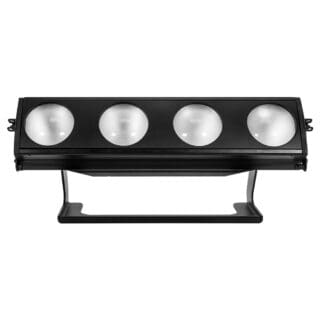 A black stage light fixture with four large round LED lights in a row, mounted on a metal stand.