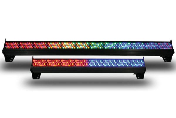 Two black LED light bars designed for dynamic lighting effects, ideal for video or audio setups, display a vibrant gradient of red, blue, and green hues on a white background. One longer bar is set behind the shorter one.