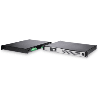 Two black rackmount audio amplifiers are shown; one displays the front with a control panel and vents, while the other reveals the back with various input and output connectors. Both have a slim, rectangular design.