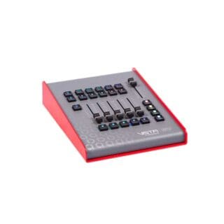 A compact lighting control console with a grey surface, red sides, faders, and illuminated buttons for seamless audio and lighting integration, labeled VISTA on the bottom right.