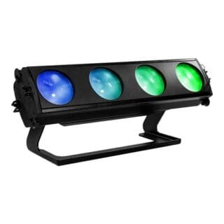 A black stage lighting fixture with four round LED lights, each glowing in blue and green, mounted on a rectangular stand.