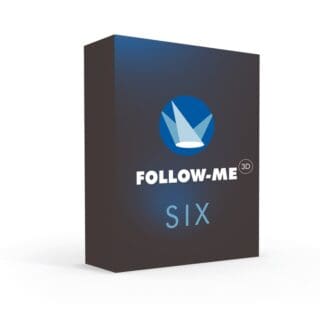 A software box with a blue spotlight icon, the text FOLLOW-ME 3D in white, and SIX in large blue letters on a dark background, perfect for lighting and video professionals.