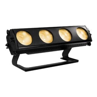 A black stage light fixture with four round, illuminated bulbs arranged in a row, mounted on a rectangular base.