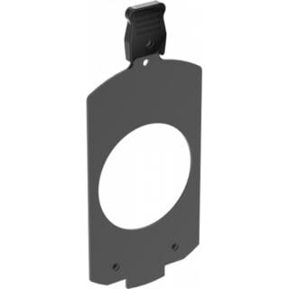 A black, flat, rectangular metal plate with a large circular hole in the center and a latch or clip at the top. Ideal for audio or lighting setups, the plate features small notches and holes near the bottom edge.