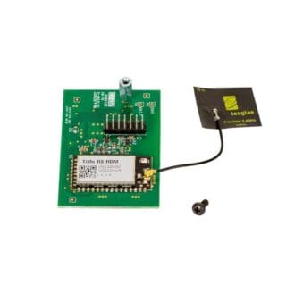 A green electronic circuit board with a small antenna labeled taoglas, suited for audio or video applications, a mounted module labeled TiMo RX RD01, and a loose black screw beside the board.