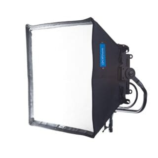 A studio lighting setup with a square softbox diffuser attached, mounted on a metal stand to the left. The softbox is black with a white front panel, a blue label on the side—ideal for professional photo or video shoots.