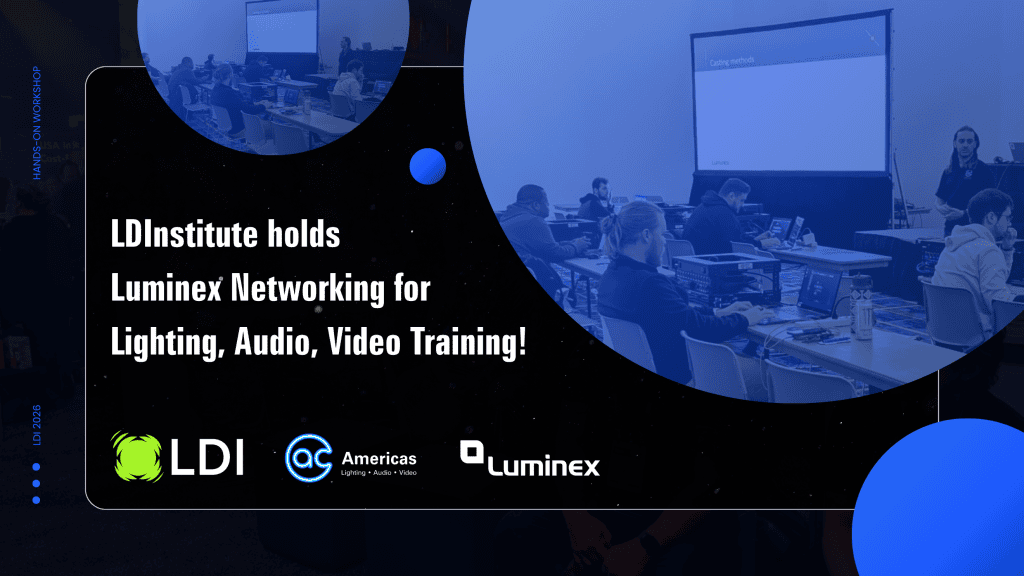 LDI institute training session on Luminex networking for lighting, audio, and video, featuring a group of people working on laptops in a conference room.